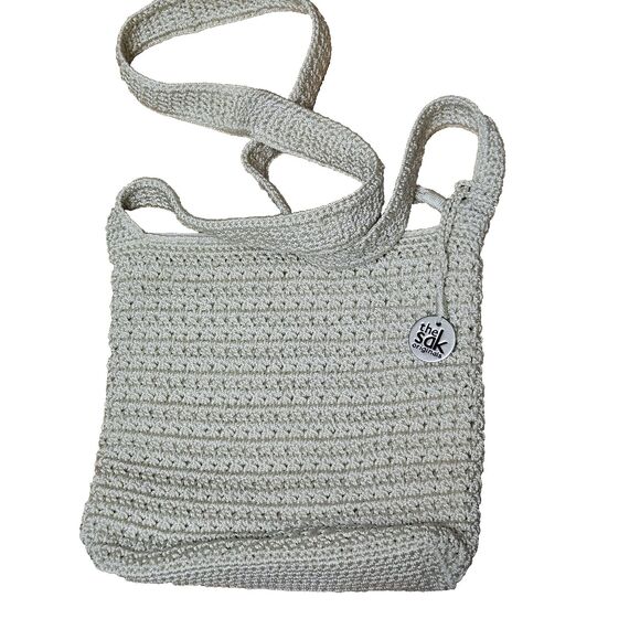 The Sak Shoulder Bag Light Beige/Off White Crochet Knit Zip Top Closure Vtg - Picture 2 of 7